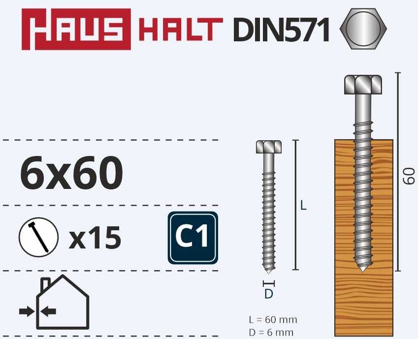 Haushalt „Žalias Cell“ medžio drožlių plokštės varžtai DIN571 6X60 15 vnt.