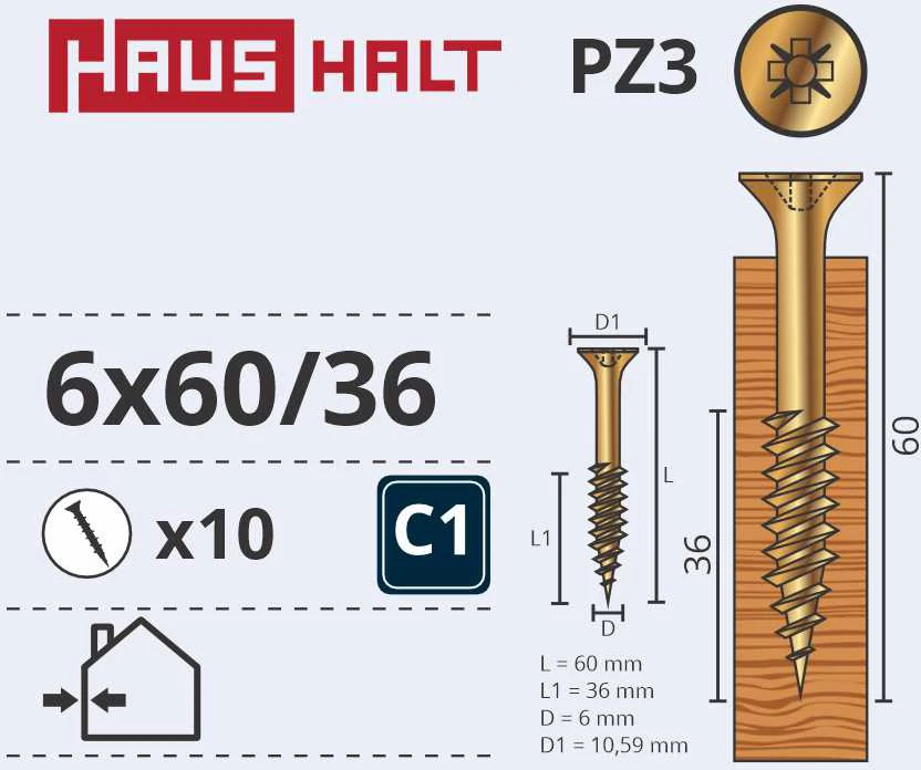 Haushalt Fischer CHIPBOARD SCREW 6.0X60/36 YLW ZP10PCS G2