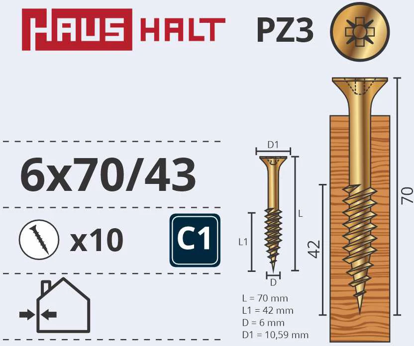 Medsraigčiai Haushalt, 6 x 70/42 mm, ZN, PZ3, 10 vnt.
