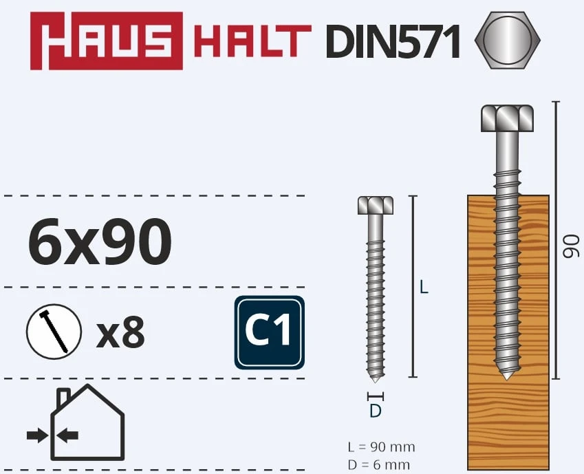 Haushalt „Žalias Cell“ medžio drožlių plokštės varžtai DIN571 6x90 mm 8 vnt.