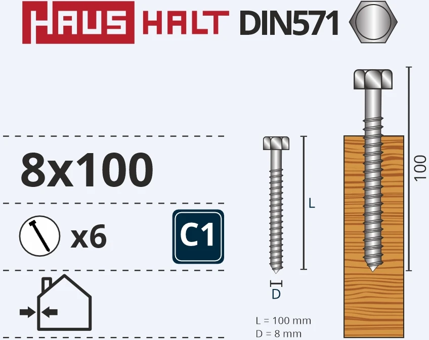 Medvaržčiai Haushalt, DIN571, 8,0 x 100 mm, ZN, 6 vnt.