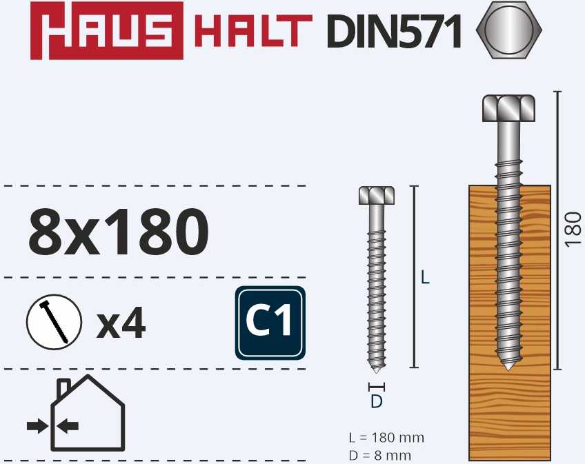 Medvaržčiai Haushalt, DIN571, 8,0 x 180 mm, ZN, 4 vnt.