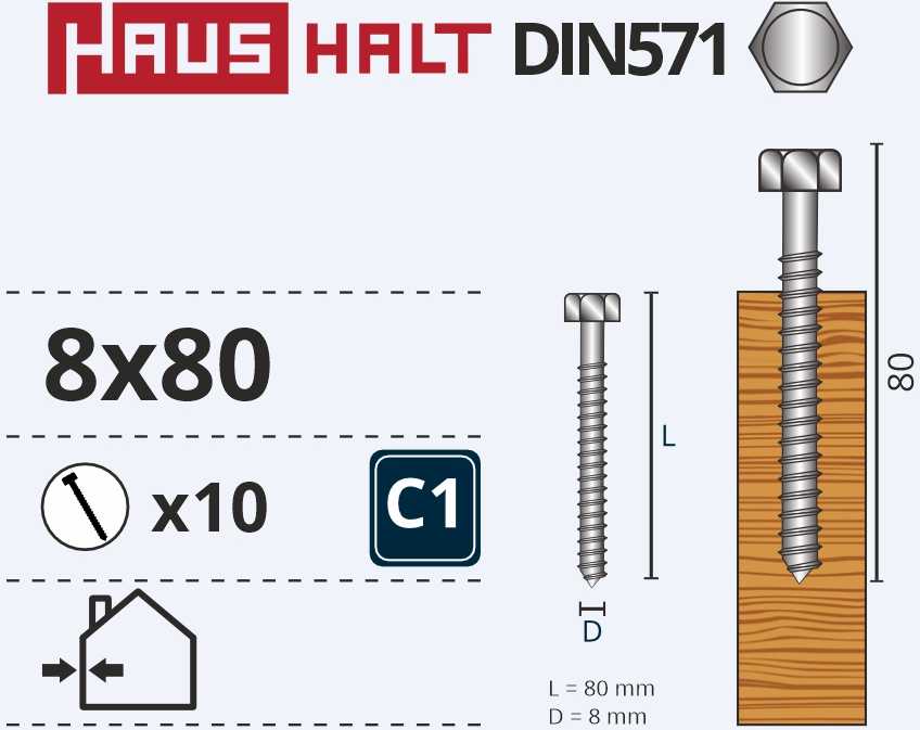 Medvaržčiai Haushalt, DIN571, 8,0 x 80 mm, ZN, 10 vnt.