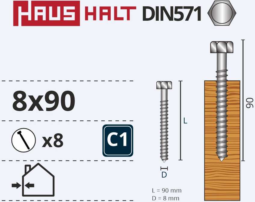 Haushalt „Žalias Cell“ medžio drožlių plokštės varžtai DIN571 8x90 8 vnt.