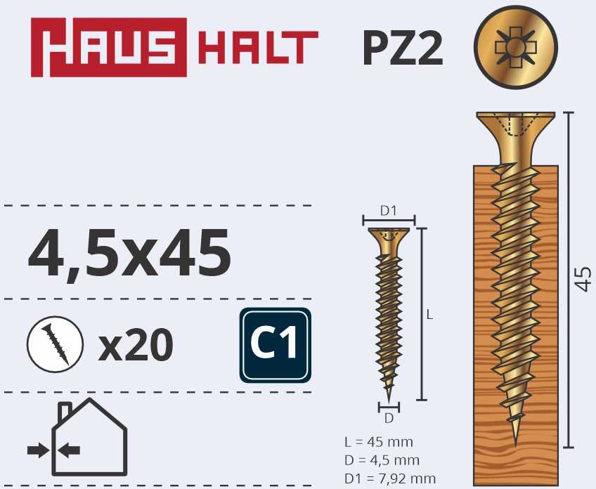 Medsraigčiai Haushalt, 4,5 x 45 mm, ZN, PZ2, 20 vnt.