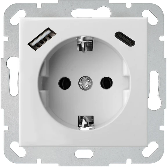 Liregus Kištukinis lizdas EPSILON, SCHUKO lizdas ir USB A+C įkroviklis 17W, be rėmelio, baltas