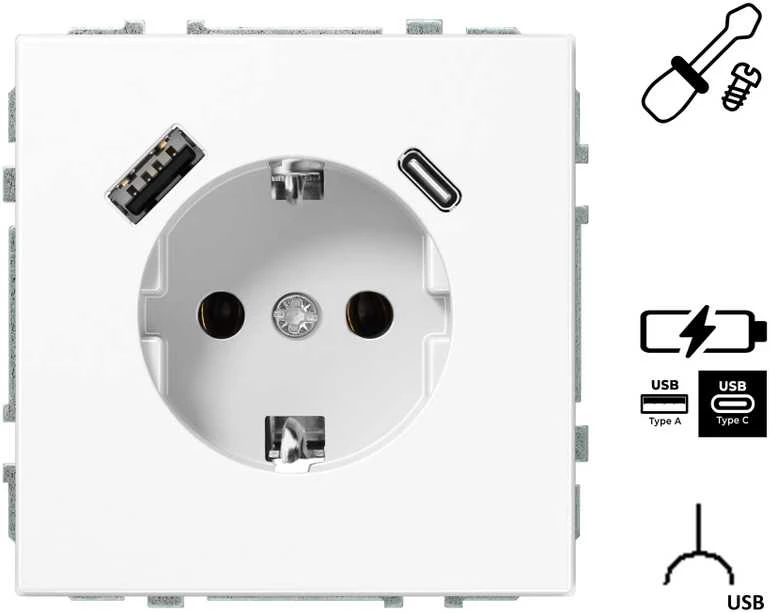 Kištukinis lizdas ir USB A+C kroviklis LIREGUS MODERN,balta