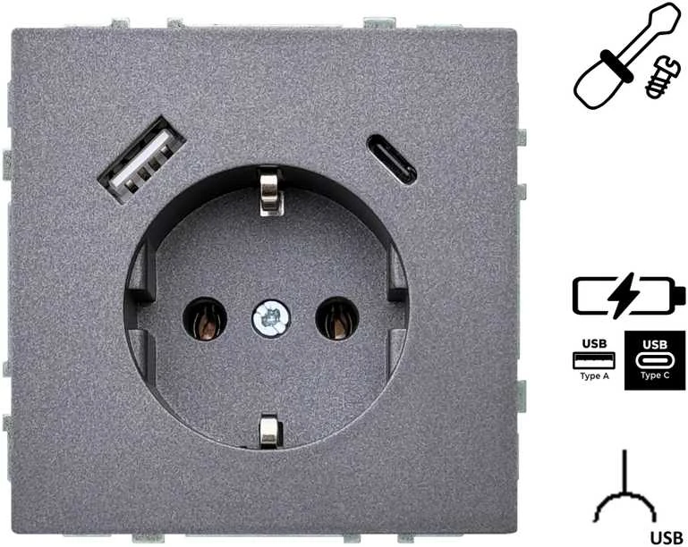 Kištukinis lizdas ir USB A+C kroviklis LIREGUS MODERN,juoda