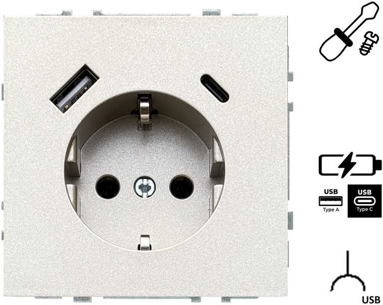 Kištukinis lizdas ir USB A+C kroviklis LIREGUS MODERN,šamp.