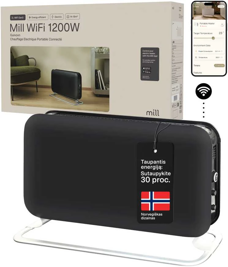 Šildytuvas Mill CO1200WIFI3 GEN3, 1200 W, iki 14-18 m², Juodas