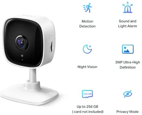 TP-LINK | Namų apsauga Wi-Fi kamera | Tapo C110 | Kubas | 3 MP | 3,3 mm/F/2,0 | Privatumo režimas, garso ir šviesos signalizacija, judesio aptikimas ir pranešimai, patobulintas naktinis matymas | H.264 | Micro SD, maks. 256 GB