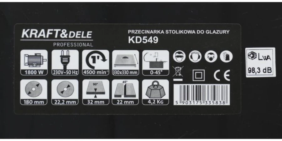 Kraftdele Kraftampdele Plytelių pjaustyklė 1800 W 180 x 22 mm KD549