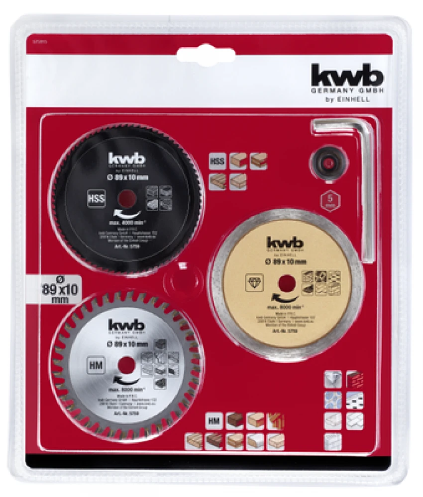 KWB Einhell Einhell diskinio pjūklo geležčių rinkinys, 89 mm, 5 dalys (10 mm angos, mini rankiniams diskiniams pjūklams)