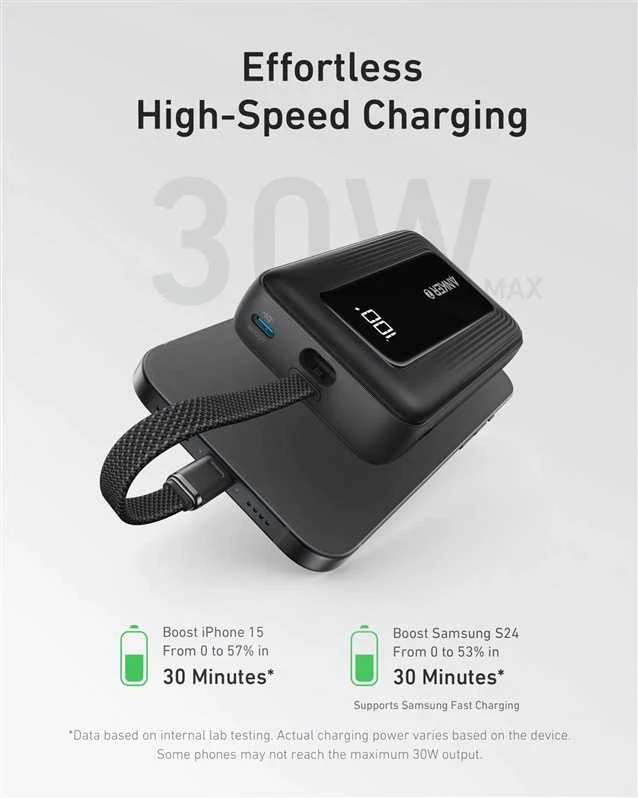 Anker išorinė baterija su integruotu USB-C laidu | A1688H11 | 10000 mAh | juoda