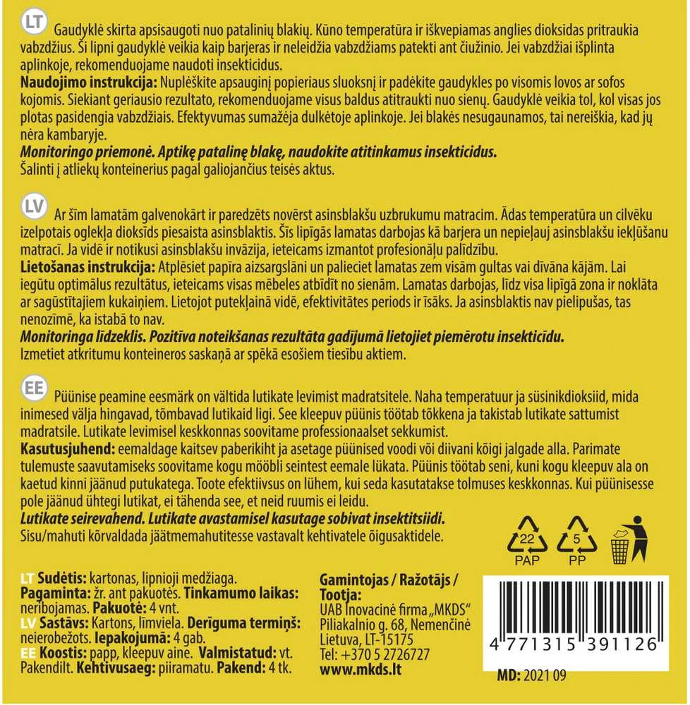 Mkds Patalinių blakių LIPNI gaudyklė Magnet Bed Bug (4vnt)