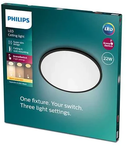 Šviestuvas lubų Philips SuperSlim, 2700°K, LED, juodas
