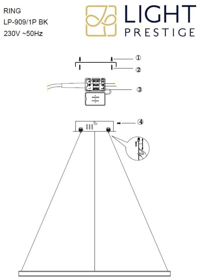 Šviestuvas kabinamas Light Prestige Ring LP-909/1P M BK CCT, LED, 3000 - 6000 °K, 1 x 35 W