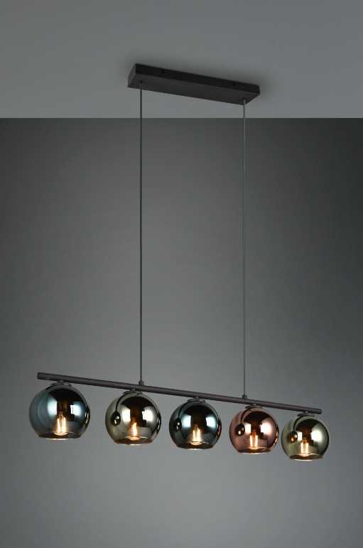 REALITY Trio Realybės sietynas SHELDON, be 5xE14, reguliuojamo aukščio, ↔ 83cm / ↗ 13cm / ↕ 150cm / 5x∅13cm, metalas/stiklas, dūminis stiklas, žalia/vario/pilka