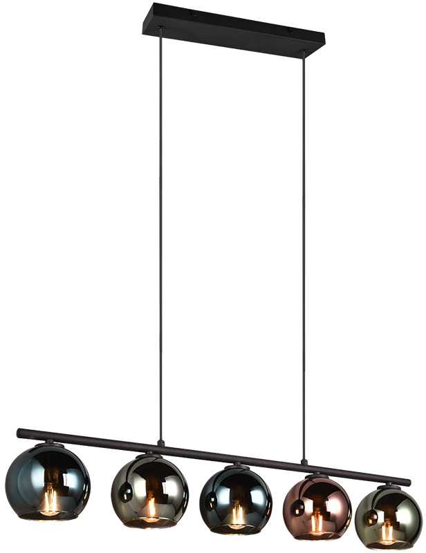REALITY Trio Realybės sietynas SHELDON, be 5xE14, reguliuojamo aukščio, ↔ 83cm / ↗ 13cm / ↕ 150cm / 5x∅13cm, metalas/stiklas, dūminis stiklas, žalia/vario/pilka