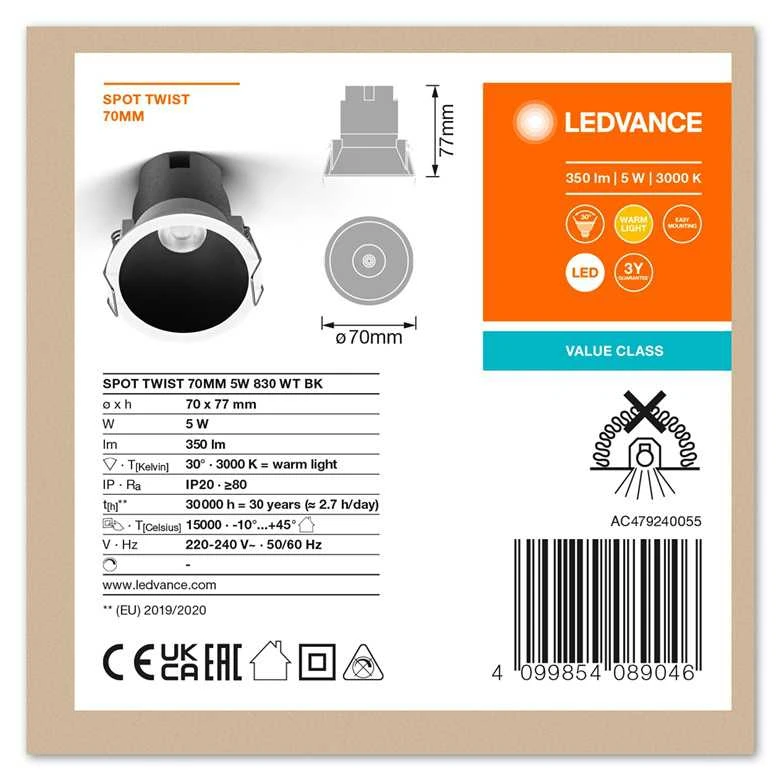 Šviestuvas įleidžiamas Ledvance/Osram Twist TWIST, 3000°K, LED, baltas/juodas