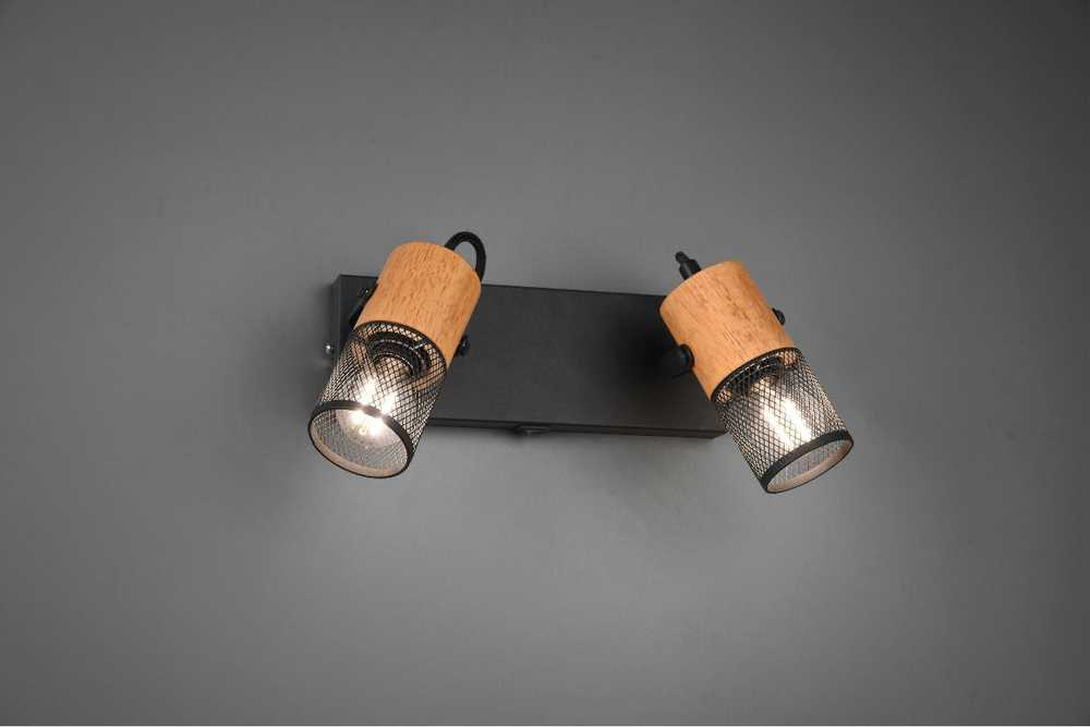 Lubinis šviestuvas Dvigubas prožektorius Trio TOSH, be 2xE14, jungiklis ant laikiklio, pasukami prožektoriai, ↔ 26cm / ↗ 9cm / ↕19.5cm, metalinis, juodas/medinis
