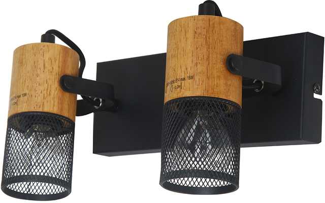 Lubinis šviestuvas Dvigubas prožektorius Trio TOSH, be 2xE14, jungiklis ant laikiklio, pasukami prožektoriai, ↔ 26cm / ↗ 9cm / ↕19.5cm, metalinis, juodas/medinis