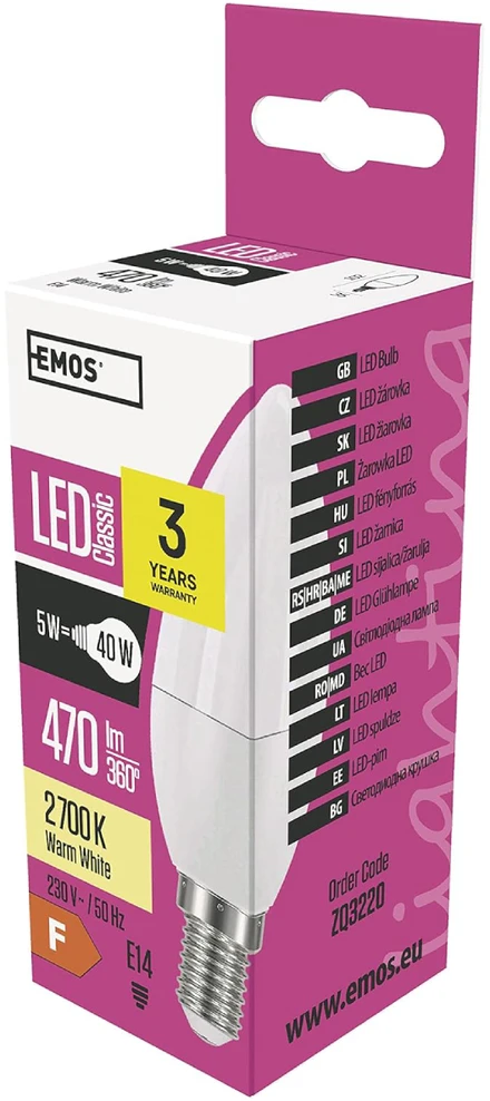 LED lemputė E14 230V 5W 470lm, žvakės formos, šiltai balta, 2700K, EMOS
