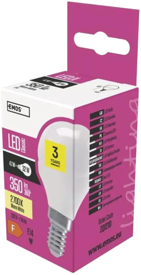 LED lemputė EMOS 4W E14 mini GL Šiltai balta