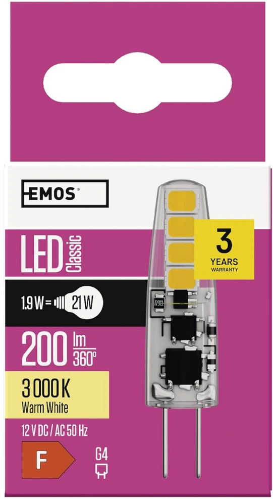 LED lemputė G4 12V JC 2W 210lm, šiltai balta, 3000K, EMOS