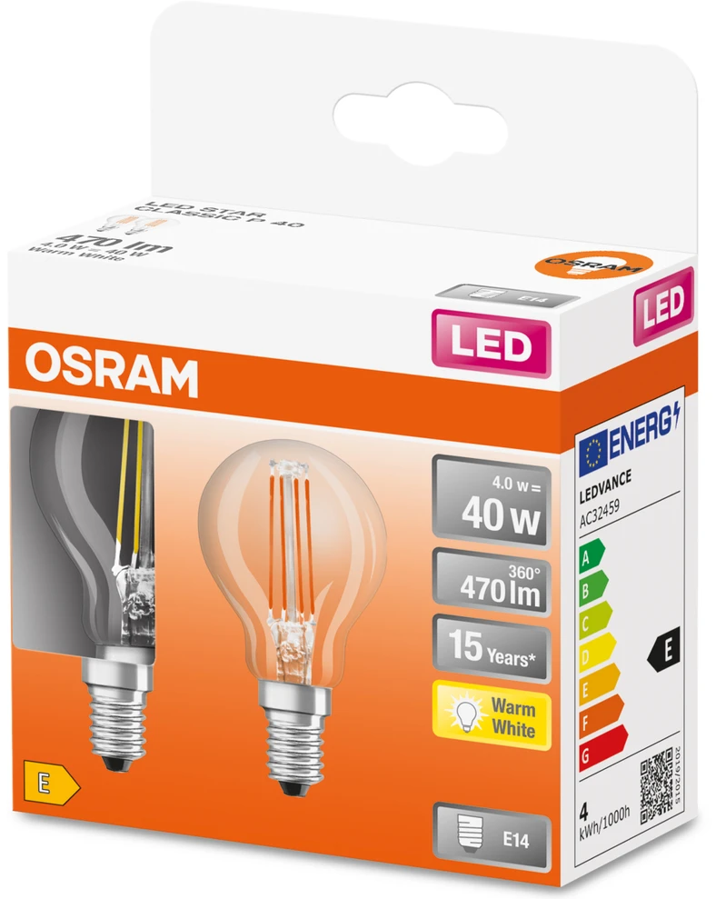 Led lemputė OSRAM P40 E14 4W Šilta Balta