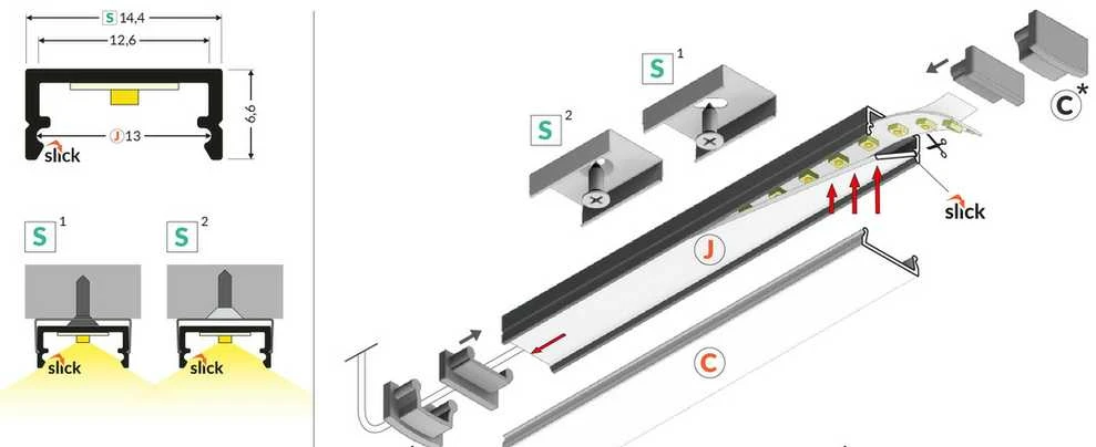 LED juostos profilis Standart BEGTON12 Paviršinis F2005321, juoda sp.