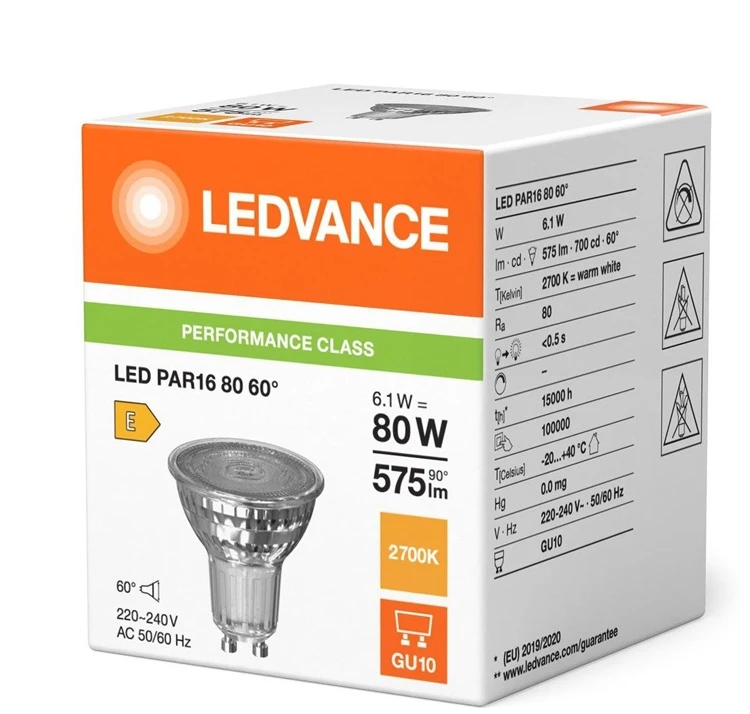 Ledvance 6,1W LED lemputė PAR16, GU10, PAR16, skaidri, 60°, 2700K
