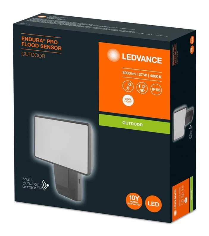 Ledvance Prožektors ar kustības sensoru, stiprināms pie sienas Osram, 27 W, 3800 lm, 4000 °K, IP55, pelēka