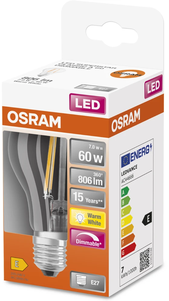 7W LED filamentinė lemputė OSRAM Superstar Retrofit CLASSIC A DIM, 2700K, E27, dimeriuojama