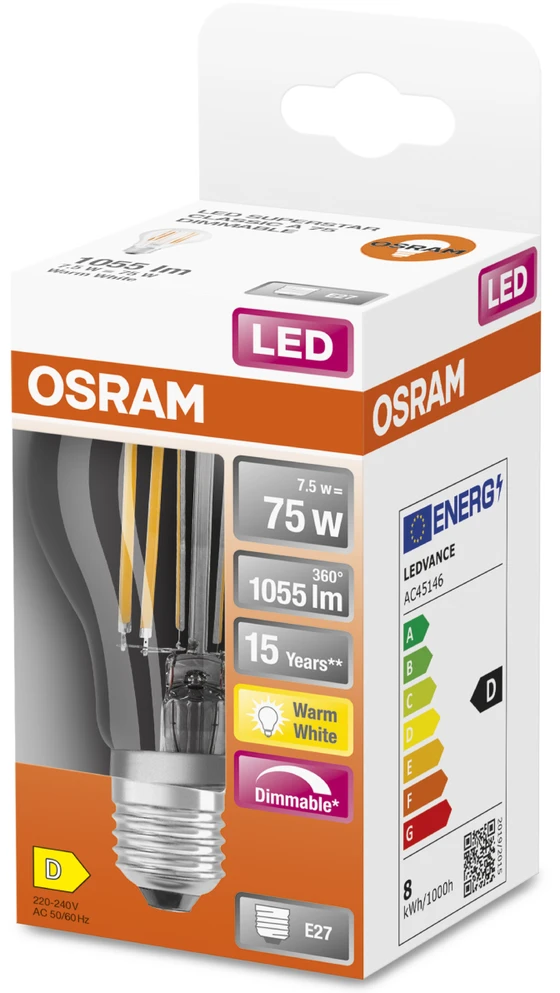 Osram LED lemputė SST CLAS A 75 CL 7.5 W/2700 K E27, dimeriuojamos