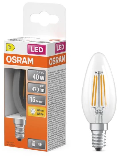 Lemputė Osram LED, B35, 2700 °K, E14, 3.4 W, 470 lm