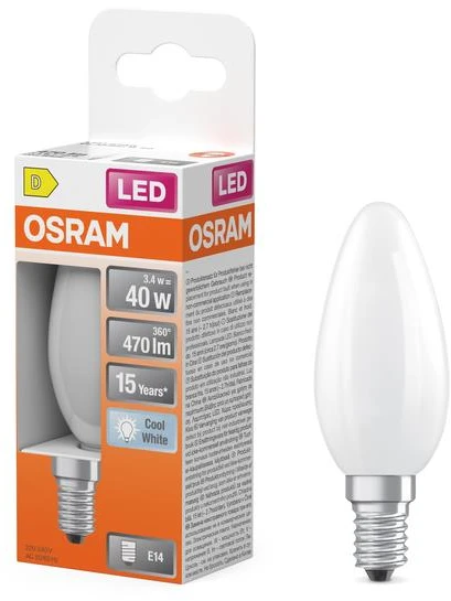 Lemputė Osram LED, B35, 4000 °K, E14, 3.4 W, 470 lm