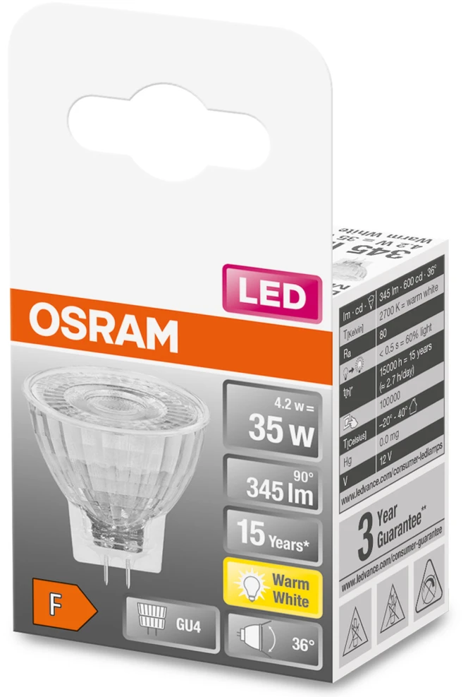 LED lemputė OSRAM, MR11, GU4, 4,2 W, 345 lm, 2700 K
