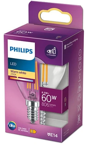 Lemputė Philips LED, P45, 2700 °K, E14, 6.5 W, 806 lm
