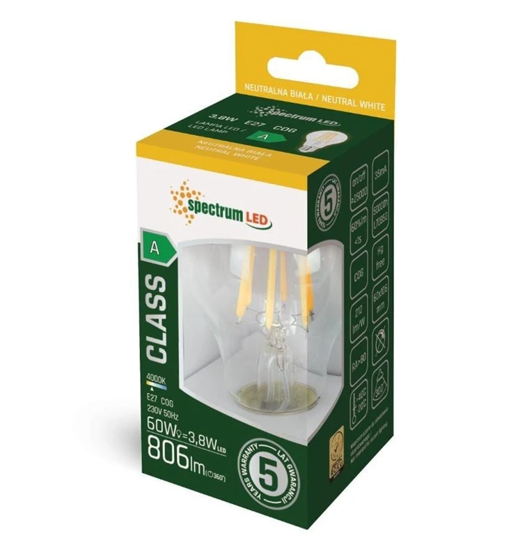 Lemputė Spectrum LED, A60, 4000 °K, E27, 3.8 W, 806 lm