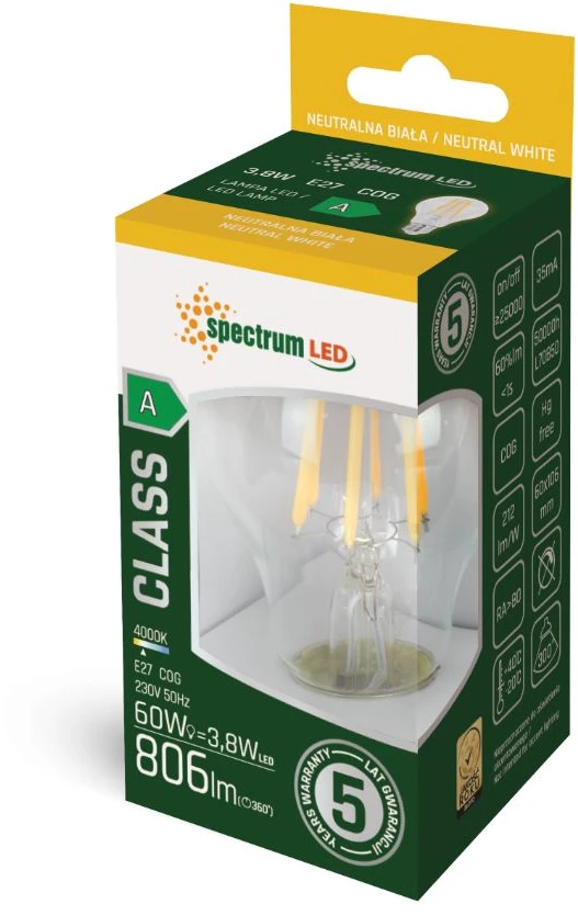 Lemputė Spectrum LED, A60, 4000 °K, E27, 3.8 W, 806 lm