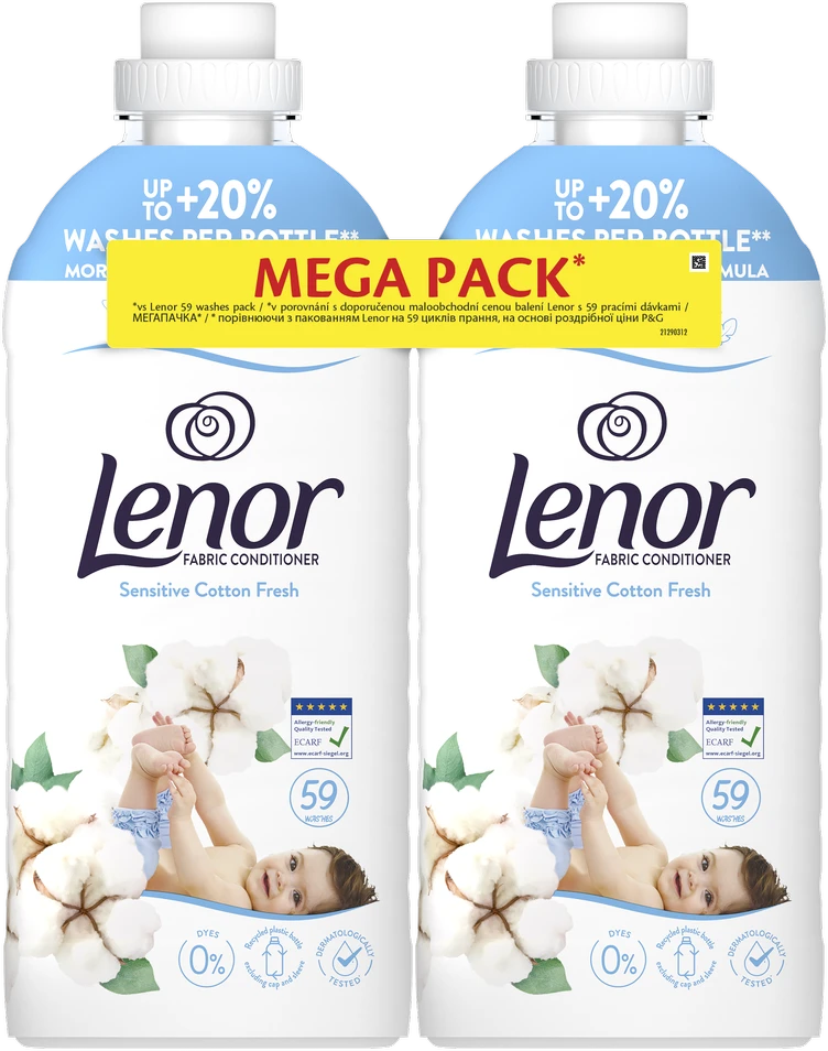 Audinių minkštiklis Lenor Sensitive Cotton Fresh, 2x1,239 l (118 Skalbimų)