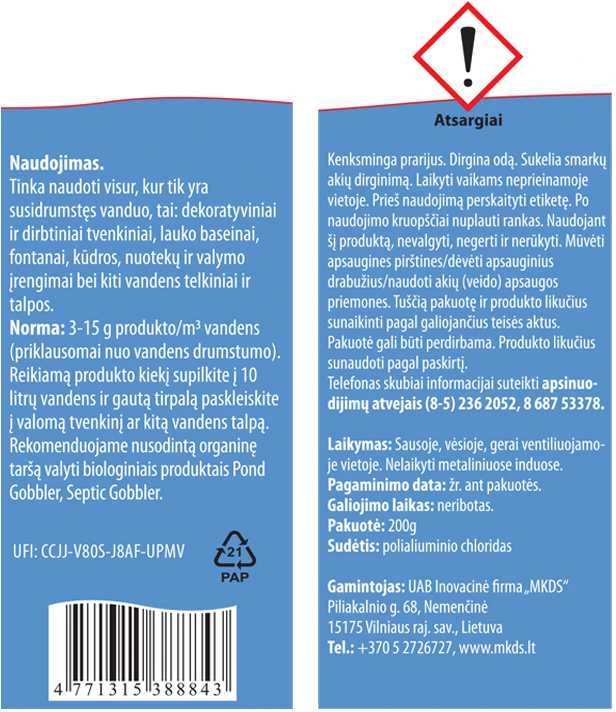 Mkds Vandens skaidrinimo bioproduktas CRYSTAL POND, 200 g