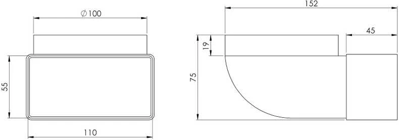 Ventiliacijos alkūnė EUROPLAST KLD 110 x 55mm D100 90°