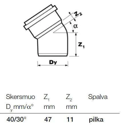 Vidaus kanalizacijos alkūnė, Wavin Ø 40 mm, 30°