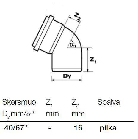 Vidaus kanalizacijos alkūnė, Wavin Ø 40 mm, 67°