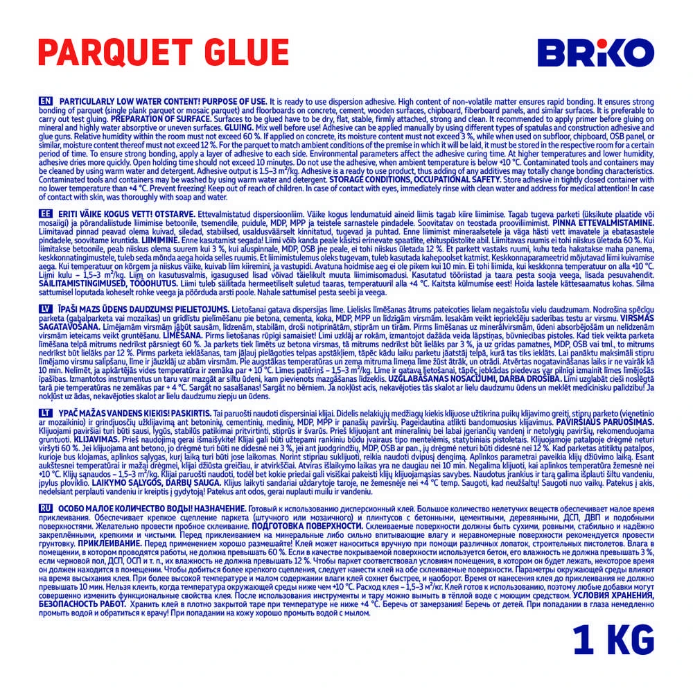 Parketo klijai Briko, 1kg, balta spalva.