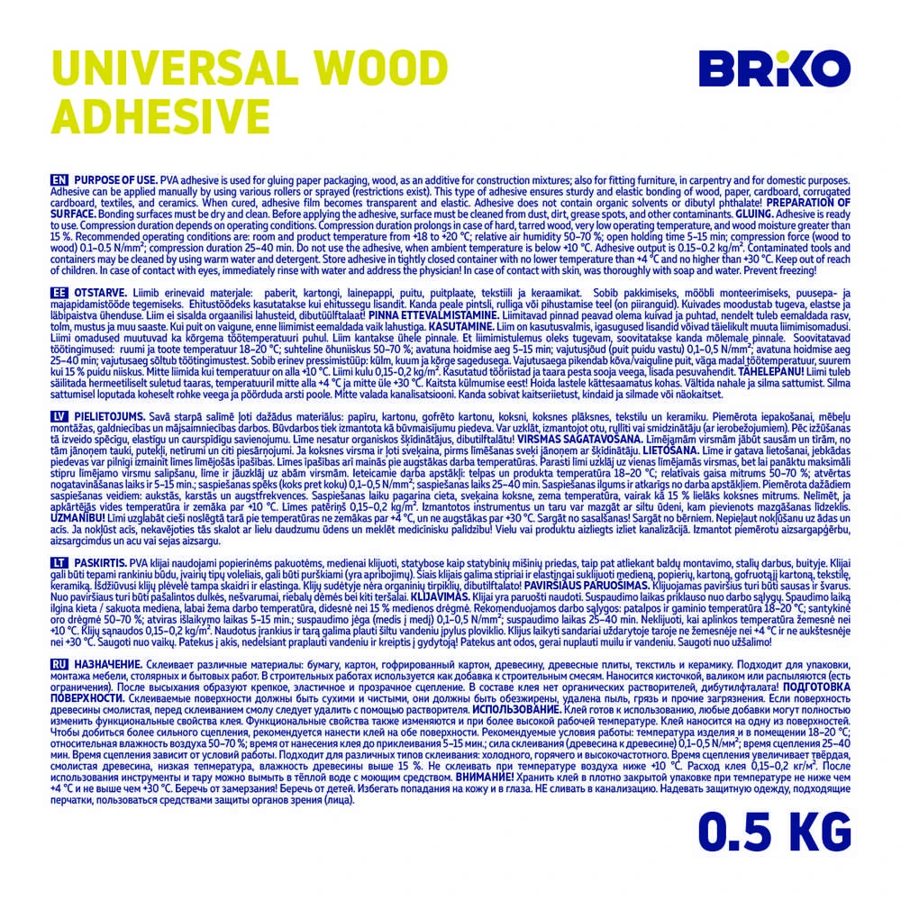 Universalis klijai Briko PVA D1, 0,5kg, balta spalva.