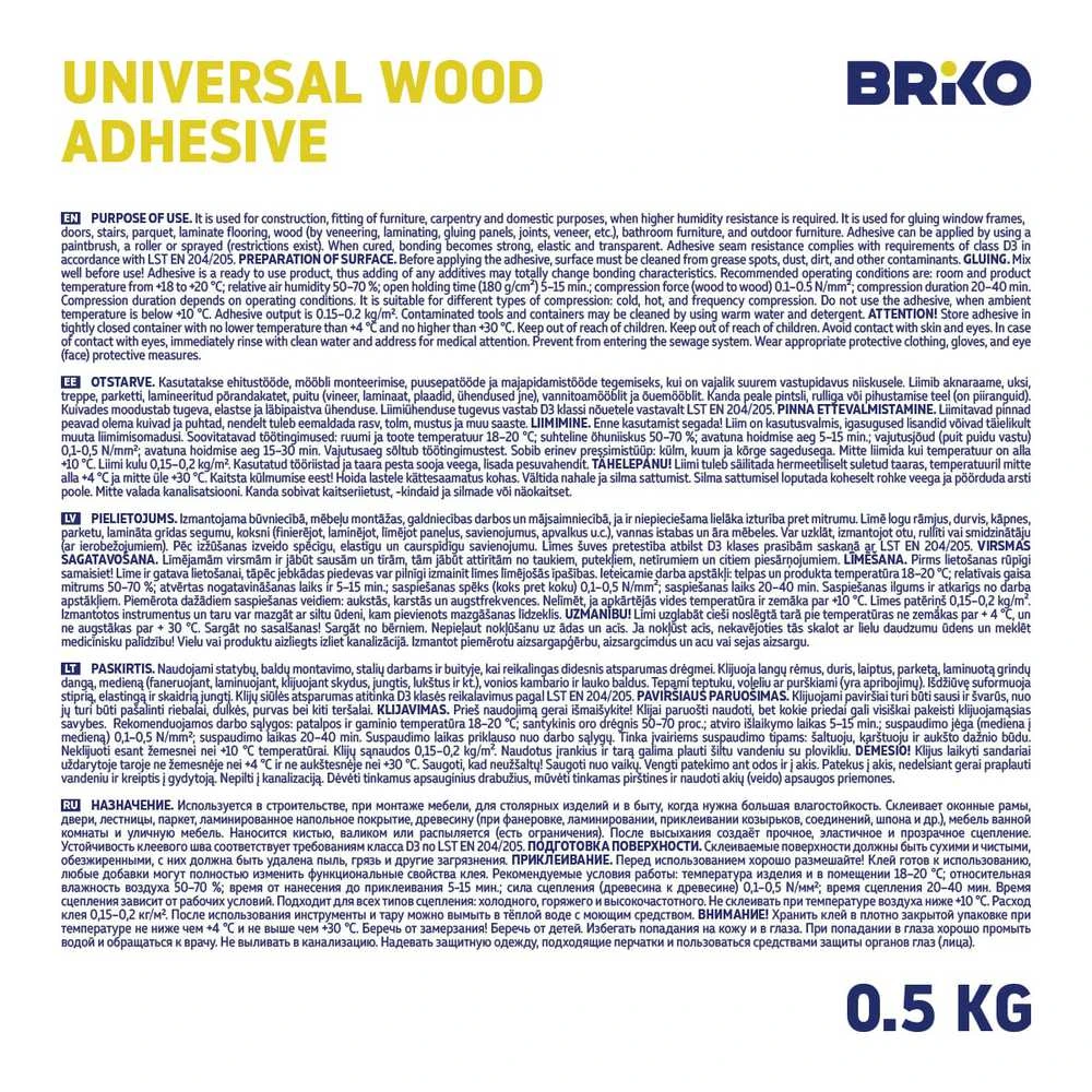 Universalieji klijai Briko PVA D3, 0,5kg, balta spalva.