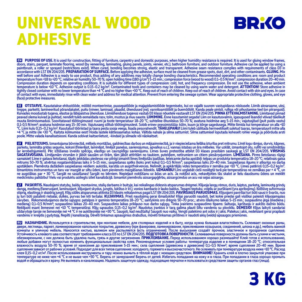 Briko UNIVERSAL WOOD PVA D3 GLUE BRIKO (3 KG)